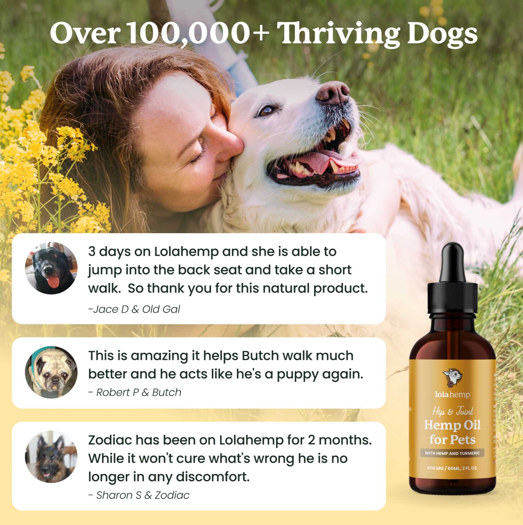 Testimonials listed about positive results from use of our hip & joint hemp oil for dogs.