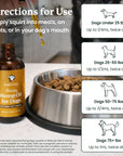 Lola Hemp Mobility Hemp Oil for Dogs with usage instructions on a table next to a dog bowl.