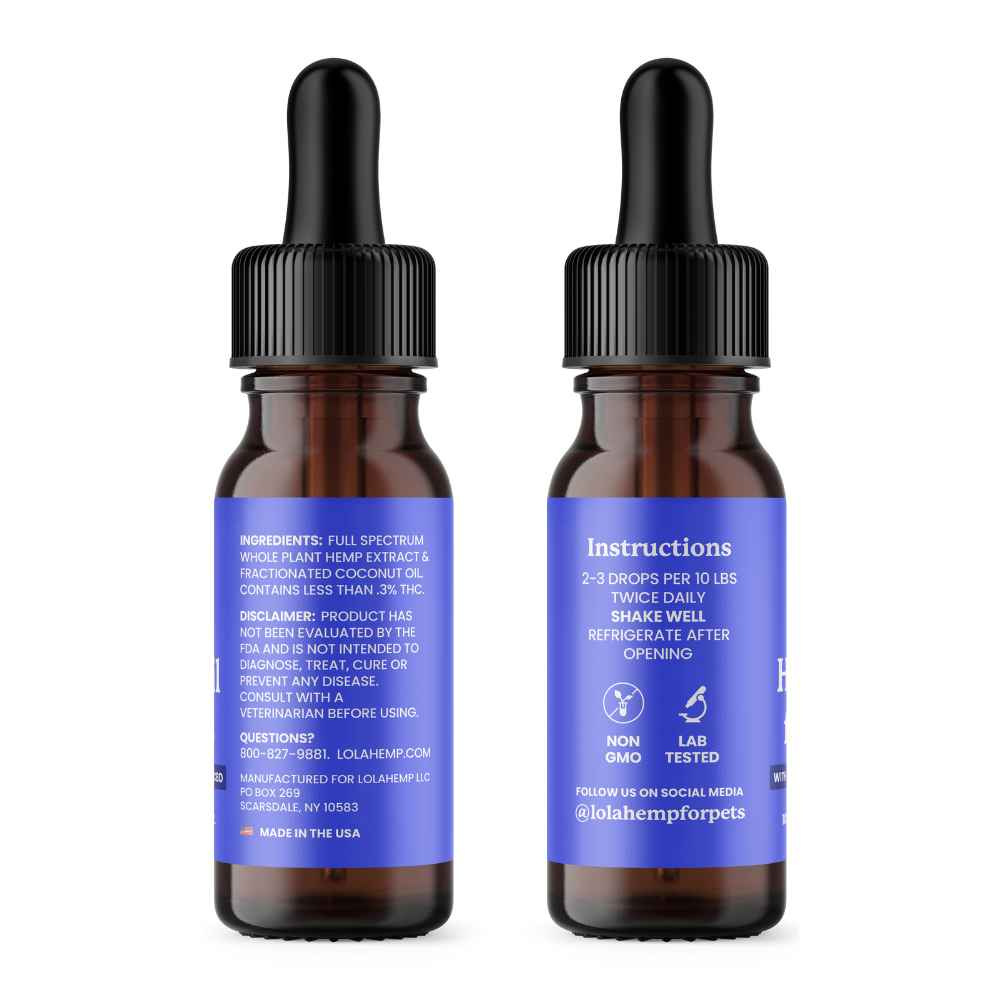 This image shows the back and side of the bottle of Lolahemp CBD oil for cats bottle.