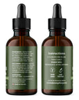 Instructions, ingredients, disclaimer, contact information, and dosing guidelines of Lolahemp calming CBD oil - back and side of bottle.