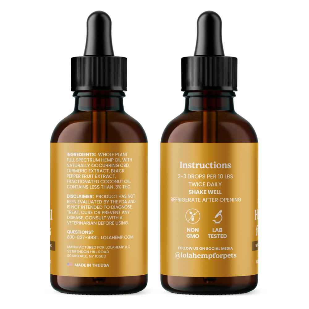 Back of Lolahemp Hip & Joint Oil bottle. Displays instructions, ingredients, disclaimers, dosage guidelines, and contact information.