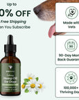 Lolahemp calming oil with chamomile flowers, and text that reads "up to 30 off + free shipping when you subscribe", along with an old dog and badges that say "made with vets, 90 day money back guarantee, and 100k thriving dogs."