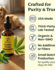 Iolahemp Golden Drops bottle with a dog in the background, featuring product details on purity and trust.