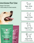 This image lists the directions for use of Lolahemp's hip & joint chews.