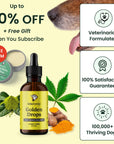 Iola Hemp Golden Drops product with promotional text and images of a dog and cannabis leaves on a light yellow background.