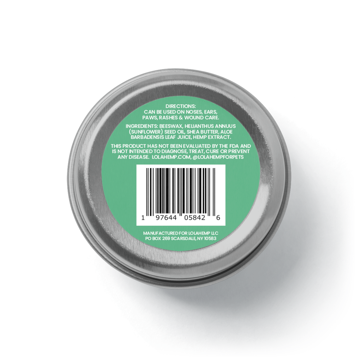 This image shows the back ingredients list and bar code of Lolahemp balm for pets.
