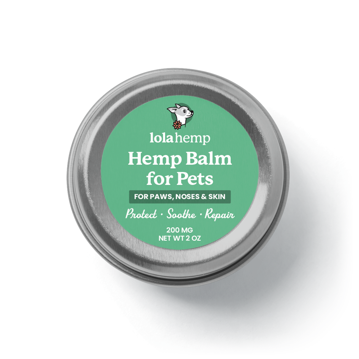 Image of the front of Lolahemp's topical CBD balm for pets.