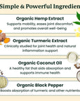 This image lists the ingredients in this oil - organic hemp extract, organic turmeric extract, organic coconut oil, organic black pepper.