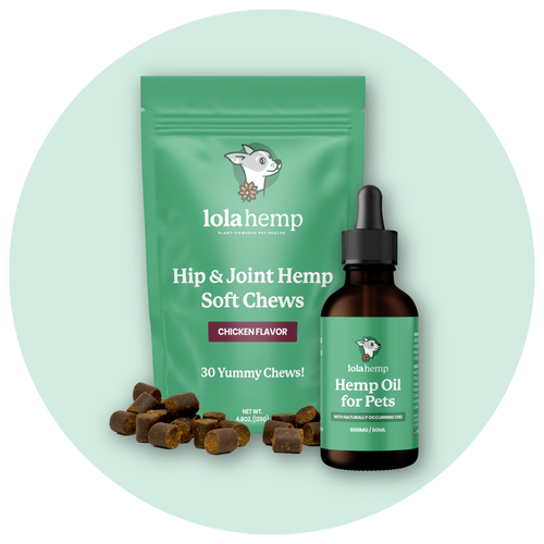 Image of Lolahemp hip & joint chews and hemp oil for pet on a white circle background