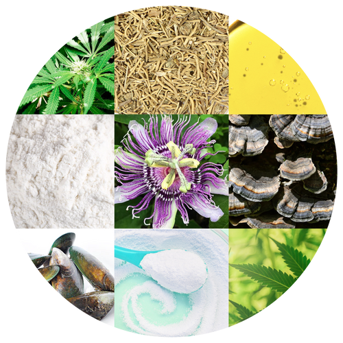 Image of some of Lolahemp's natural ingredients, first image of slider that shifts into another image of our products.