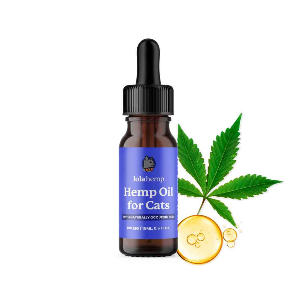 This photo shows Lolahemp CBD Oil for Cats with a hemp leaf and a droplet of oil.
