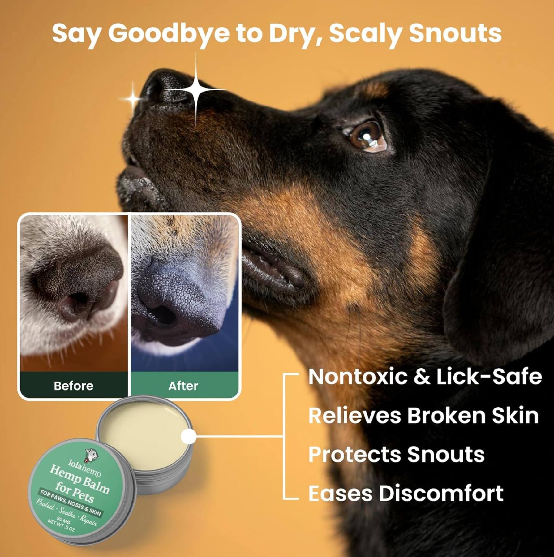 This image shows before and afters, and discusses the benefits of using lolahemp on a dog's nose