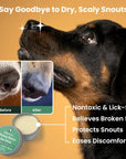 This image shows before and afters, and discusses the benefits of using lolahemp on a dog's nose