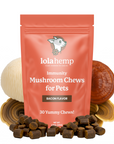 Lolahemp Immunity Mushroom Chews for Pets packaging with chews and ingredients on a white background
