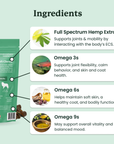 This image lists Lolahemp Omega Chews ingredients: full spectrum hemp extract, omega 3s, omega 6s, omega 9s.