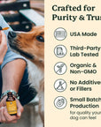 This image lists facts about the product, USA made, third-party tested, organic, small batch.