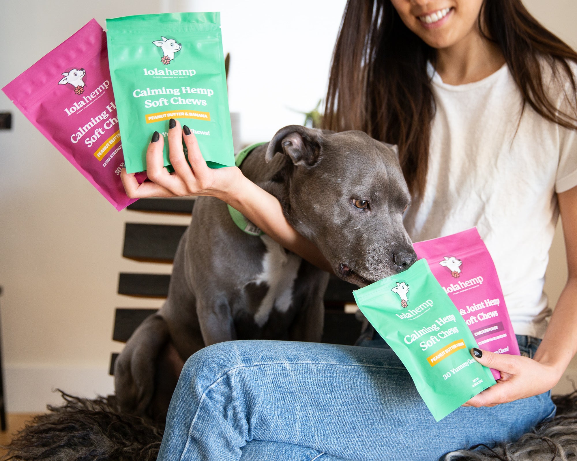 Woman holding four bags of Lolahemp chews and her dog looks excited to have a CBD chew.