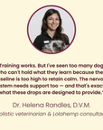 Woman holding a cat with a quote from Dr. Helena Randles, D.V.M., on a beige background