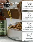Lola Hemp Natural Calming Dog Drops bottle with usage instructions on a blurred background of a dog bowl and treats.