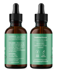 Two brown glass bottles with droppers on a white background listing instructions and ingredients