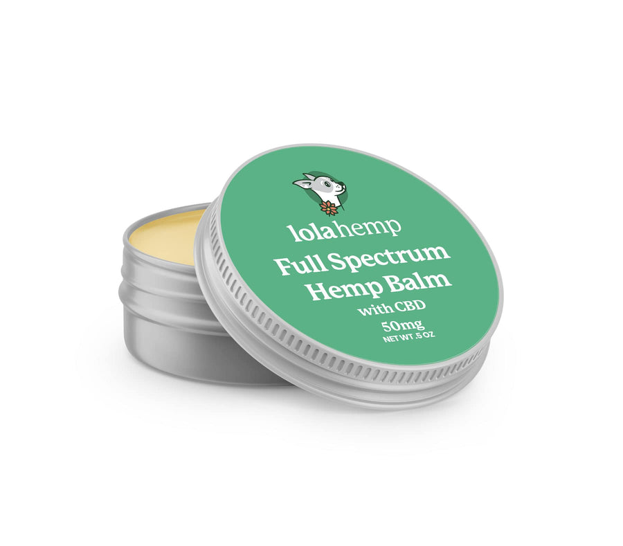 opened mini lolahemp full spectrum hemp balm tin on white background