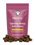 Front of fuchsia colored bag of extra strength lolahemp calming hemp soft chews with chews in front on white background