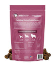 Back of fuchsia colored bag of extra strength lolahemp calming hemp soft chews with chews in front on white background