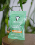 Front of mini green colored bag of regular strength lolahemp calming hemp soft chews on wooden table with plants in the background