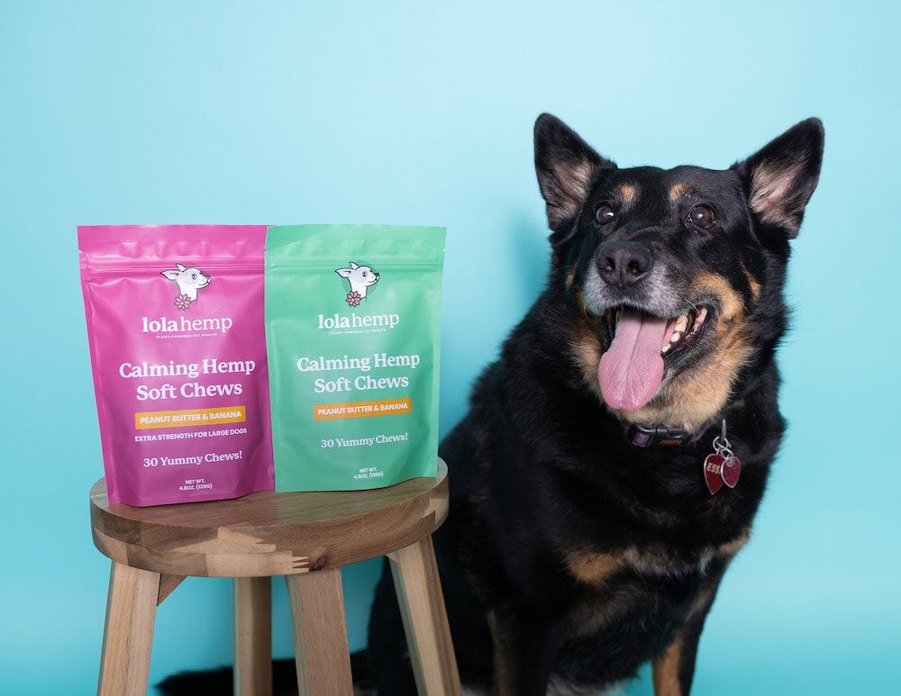 This image shows a dog sitting next to a bag of regular strength calming chews as well as extra strength calming chews.