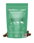 Back of green colored bag of regular strength lolahemp calming hemp soft chews with chews in front on white background
