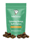 Front of green colored bag of regular strength lolahemp calming hemp soft chews with chews in front on white background
