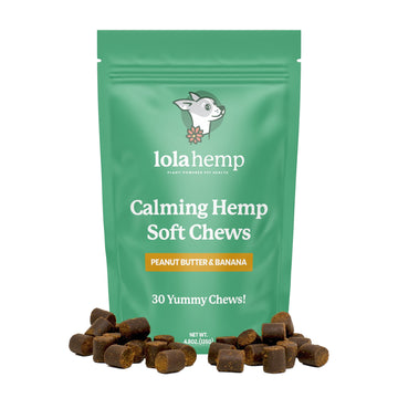 Front of green colored bag of regular strength lolahemp calming hemp soft chews with chews in front on white background