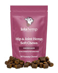 Front of fuchsia colored bag of extra strength lolahemp hip and joint hemp soft chews with chews sprinkled in front and white background