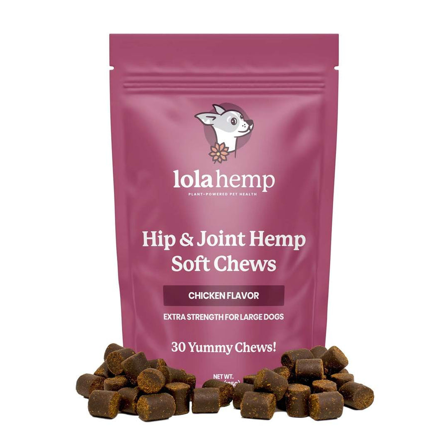 Front of fuchsia colored bag of extra strength lolahemp hip and joint hemp soft chews with chews sprinkled in front and white background