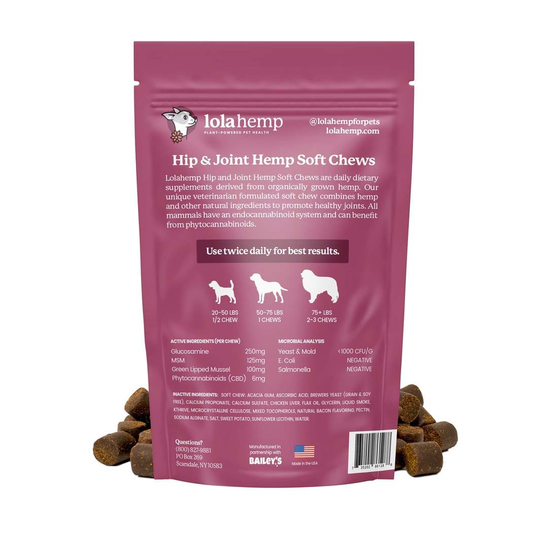 Back of fuchsia colored bag of extra strength lolahemp hip and joint hemp soft chews  with ingredient and dosing info on white background
