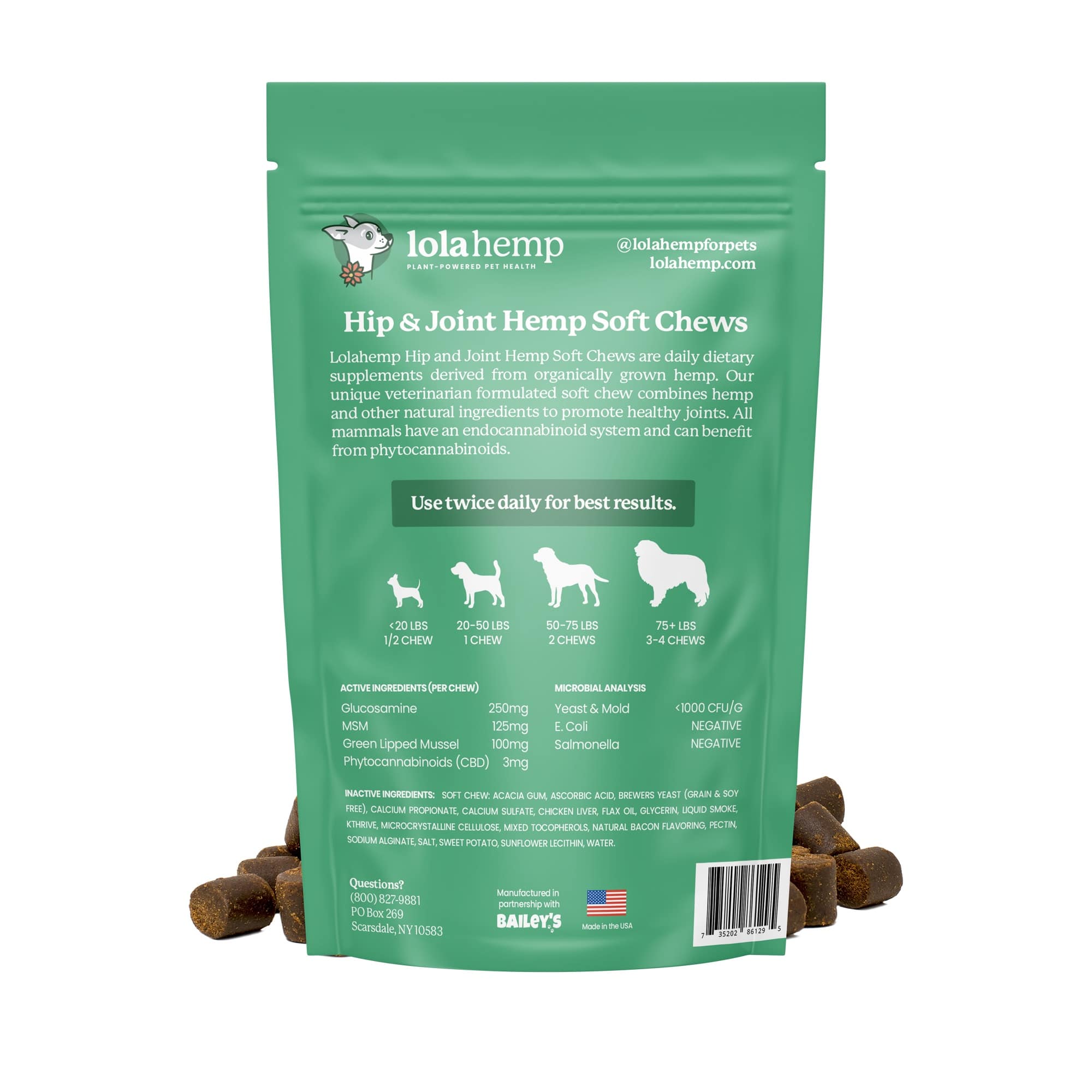 Back of Green colored bag of regular strength lolahemp hip and joint hemp soft chews with ingredient and dosing info on white background