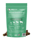 Back of Green colored bag of regular strength lolahemp hip and joint hemp soft chews with ingredient and dosing info on white background