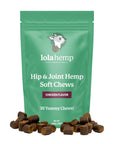 Front of Green colored bag of regular strength lolahemp hip and joint hemp soft chews with chews sprinkled in front and white background