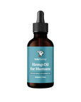 front of brown lolahemp hemp oil for humans bottle with blue label on white background