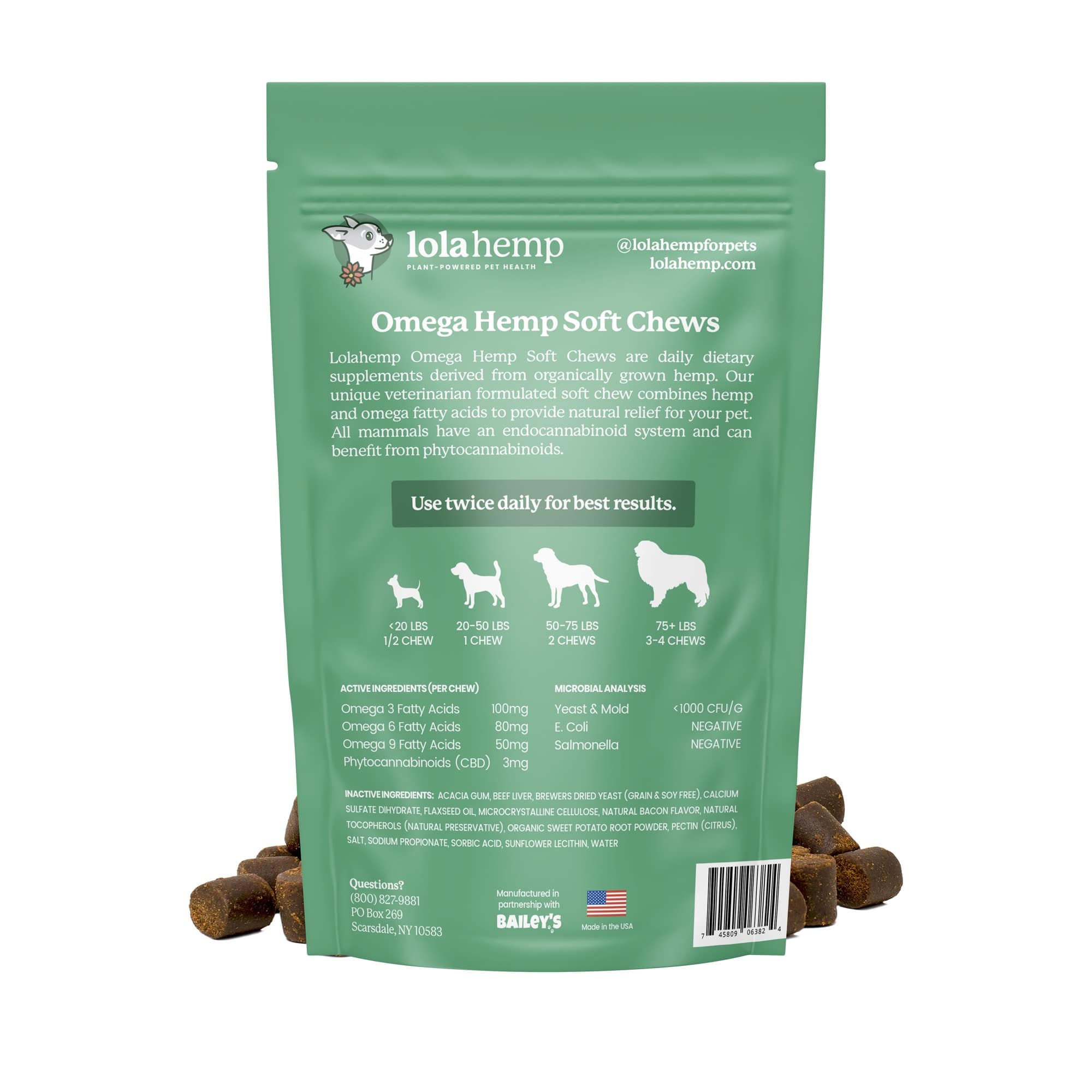 Back of Green colored bag of lolahemp omega hemp soft chews with  ingredient and dosing info on white background