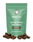 front of Green colored bag of lolahemp omega hemp soft chews with chews sprinkled in front