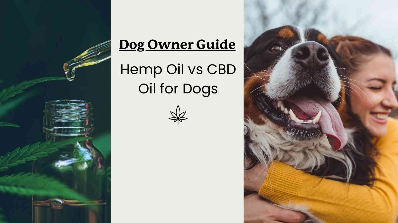 image of hemp oil and a person hugging their dog with text that reads "dog owner guide: hemp oil vs. cbd oil for dogs"