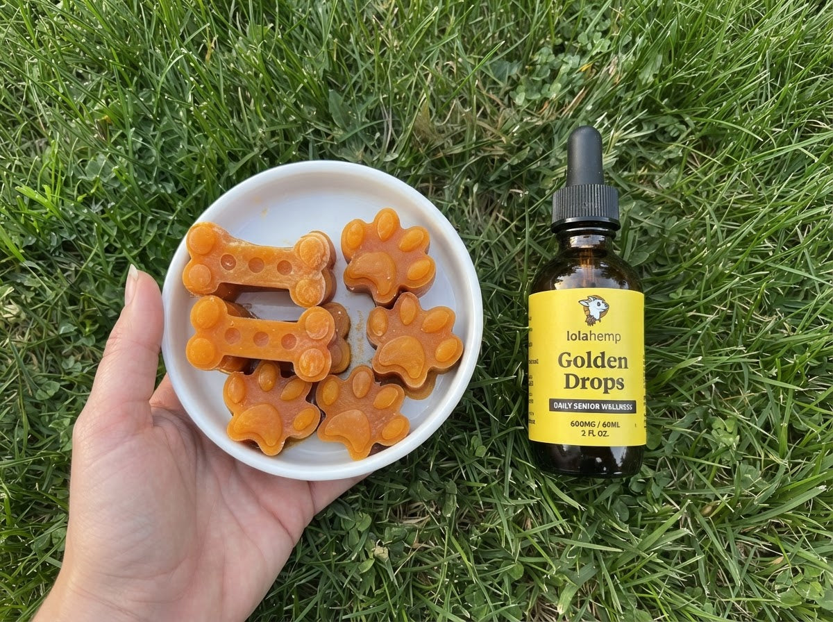 A hand holding golden years dog treats next to a bottle of lolahemp golden drops on the grass