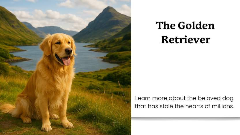 This image shows a golden retriever sitting in the scottish highlands with text that reads "the golden retriever".