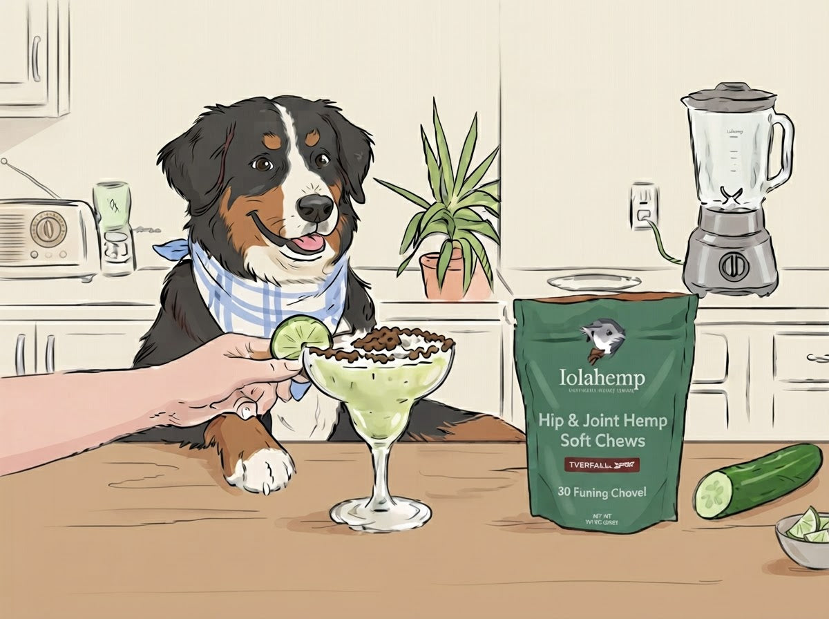 a dog looking at a freshly made pawgarita with hip & joint chew crumble for the rim.