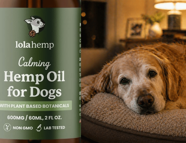senior dog with bottle of hemp oil