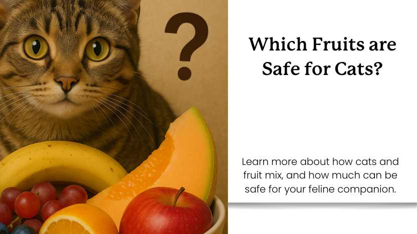 This has a picture of a cat in front of a fruit bowl with text that reads "which fruits are safe for cats?"
