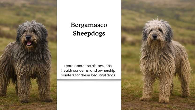 two images of bergamasco sheepdogs and text that reads "bergamasco sheepdogs"