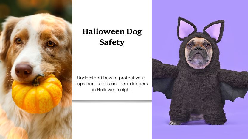 two halloween dogs and text that reads "halloween dog safety"