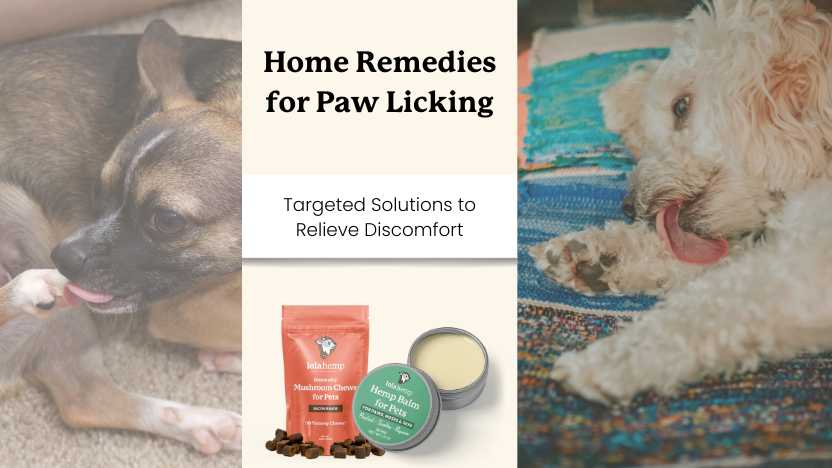 This image shows two dogs licking their paws, two products, and text that reads "home remedies for paw licking"